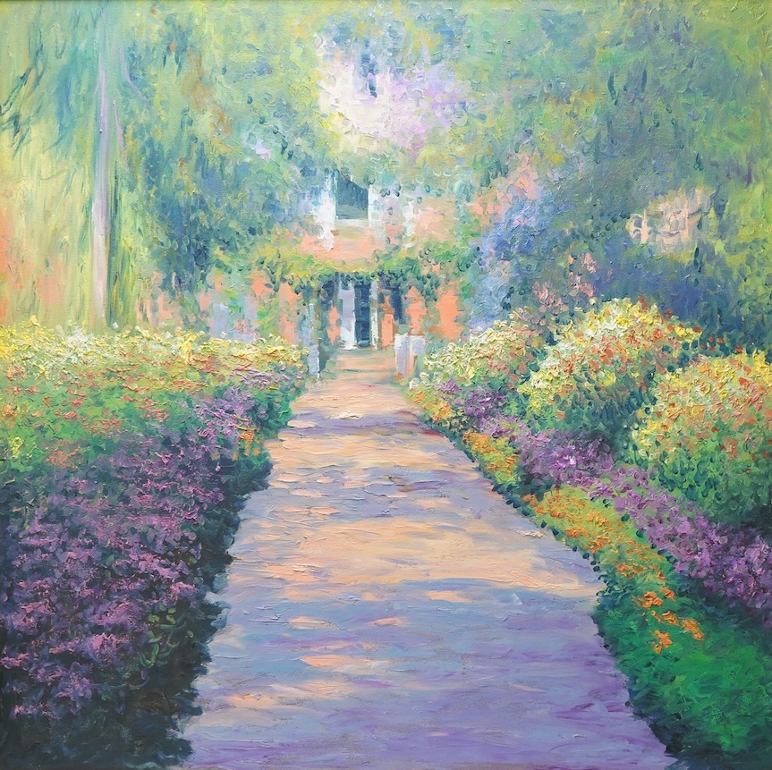 Impressionist school, garden scene, unsigned, oil on board, 98 x 98cm
